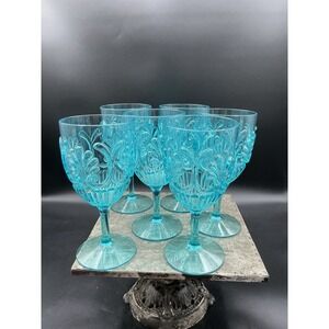 Set of 6 Le Cadeaux Outdoor Plastic Goblets Wine Glasses Fleur Teal Turquoise